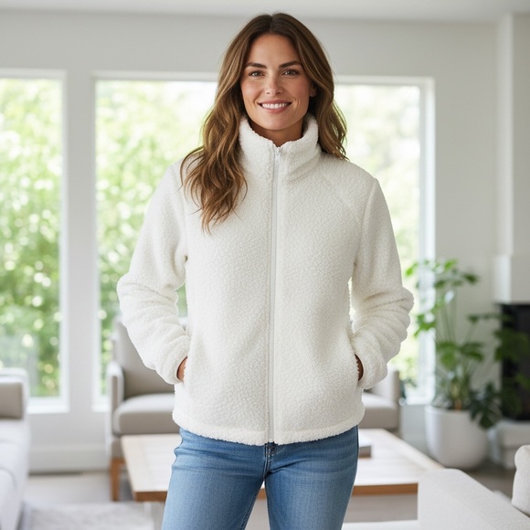 UNIQLO Fluffy Yarn Fleece Jacket Ivory Full Zip Fur Cardigan Women S - Picture 3 of 9